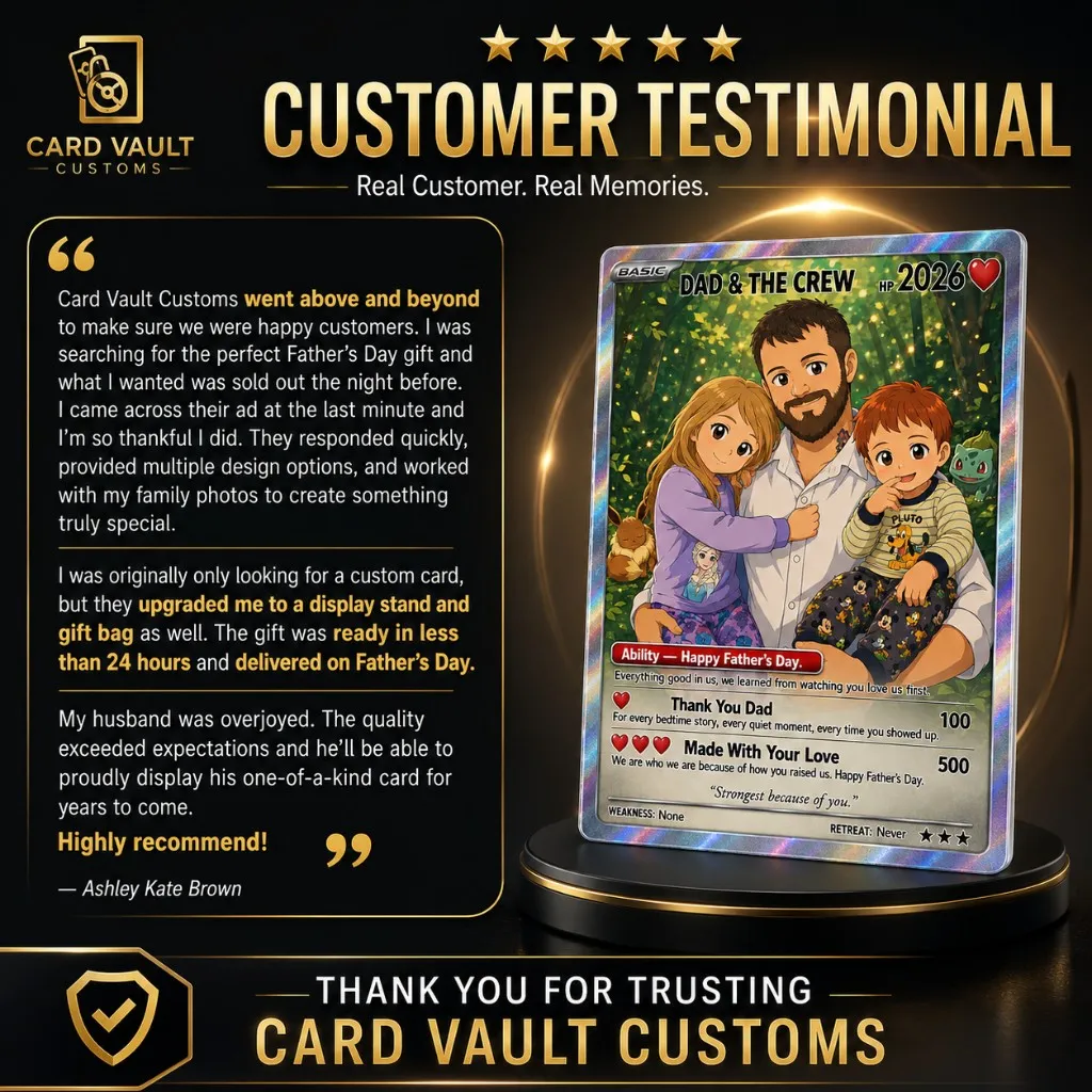 Customer testimonial from Ashley Kate Brown — Card Vault Customs went above and beyond to make a one-of-a-kind Father's Day card